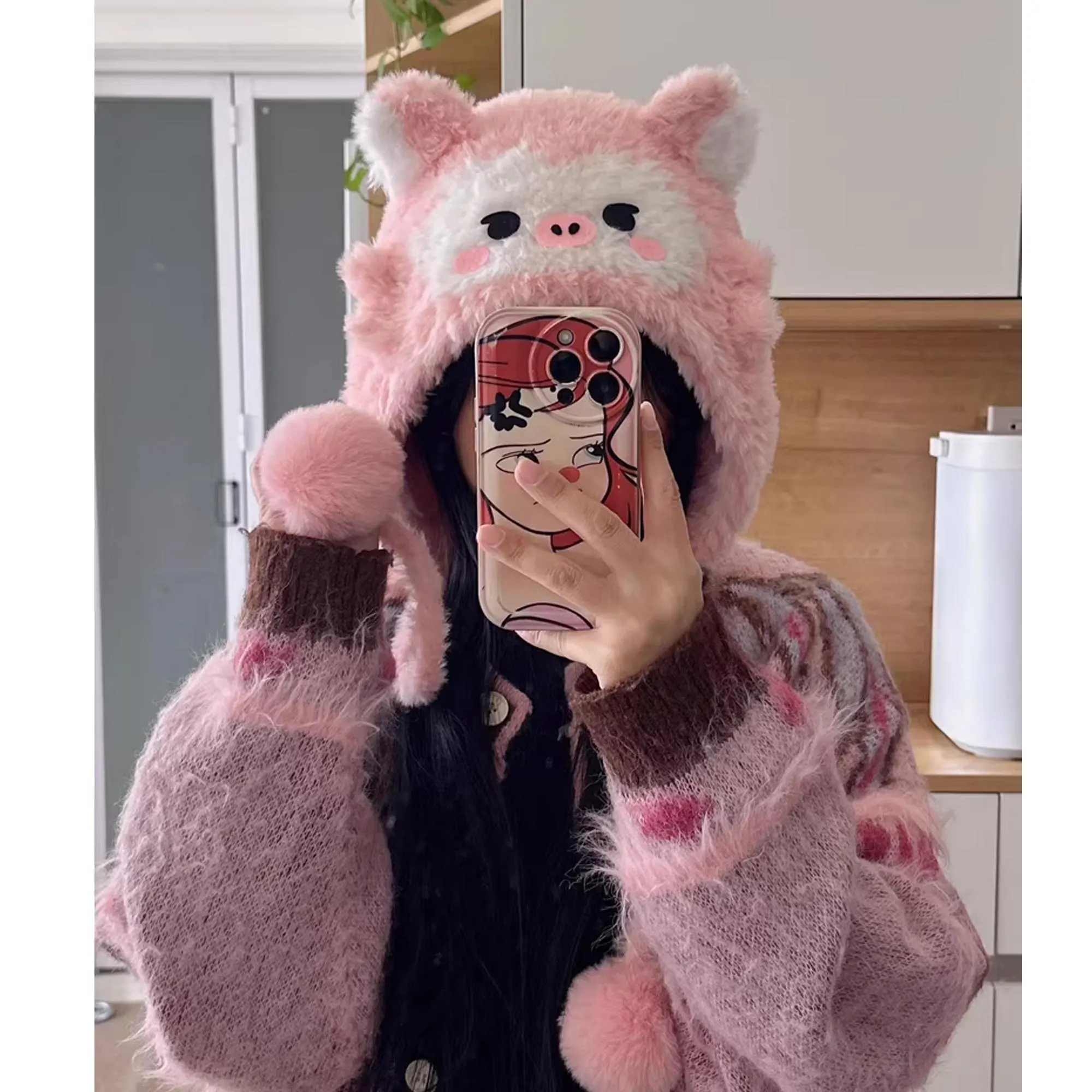 fluffy pig ear knitted warm hat
