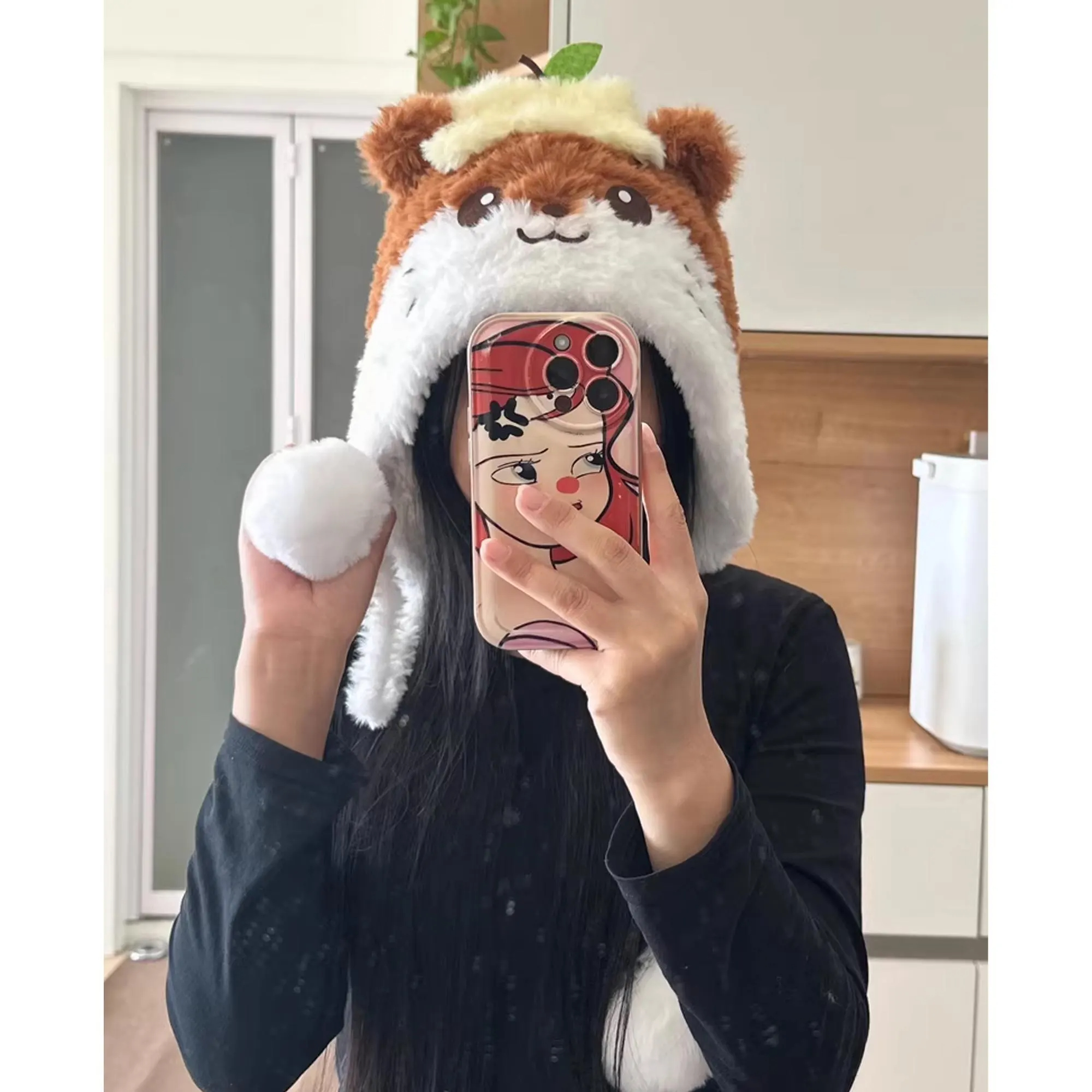 Brown and white plush cute warm hat